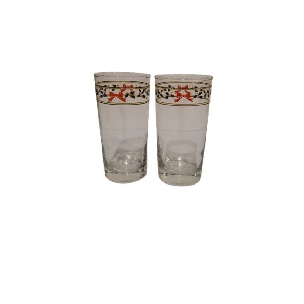 Vintage Anchor Hocking AHC83 Bow and Holly Gold and Green Bands Tumbler Set of 4